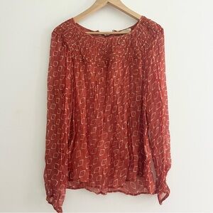 Lucky Brand Sheer Peasant Blouse Large Orange White Geometric Design Smocked Top